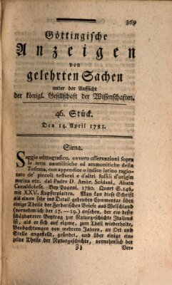 Göttingische Anzeigen von gelehrten Sachen (Göttingische Zeitungen von gelehrten Sachen) Samstag 14. April 1781