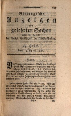 Göttingische Anzeigen von gelehrten Sachen (Göttingische Zeitungen von gelehrten Sachen) Donnerstag 19. April 1781