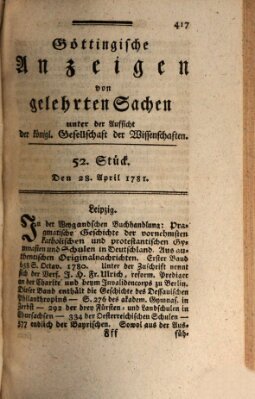 Göttingische Anzeigen von gelehrten Sachen (Göttingische Zeitungen von gelehrten Sachen) Saturday 28. April 1781