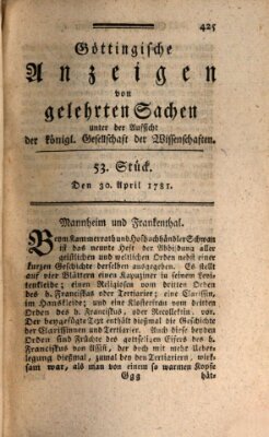 Göttingische Anzeigen von gelehrten Sachen (Göttingische Zeitungen von gelehrten Sachen) Montag 30. April 1781