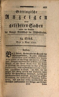 Göttingische Anzeigen von gelehrten Sachen (Göttingische Zeitungen von gelehrten Sachen) Donnerstag 3. Mai 1781