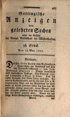 Göttingische Anzeigen von gelehrten Sachen (Göttingische Zeitungen von gelehrten Sachen) Samstag 12. Mai 1781