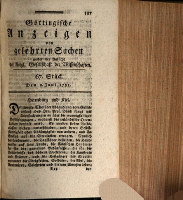 Göttingische Anzeigen von gelehrten Sachen (Göttingische Zeitungen von gelehrten Sachen) Samstag 2. Juni 1781