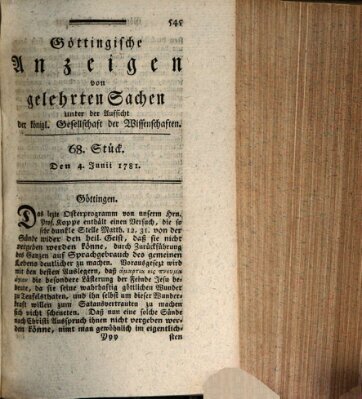 Göttingische Anzeigen von gelehrten Sachen (Göttingische Zeitungen von gelehrten Sachen) Montag 4. Juni 1781