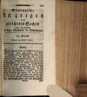 Göttingische Anzeigen von gelehrten Sachen (Göttingische Zeitungen von gelehrten Sachen) Samstag 9. Juni 1781