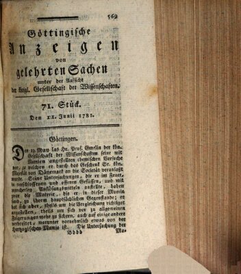 Göttingische Anzeigen von gelehrten Sachen (Göttingische Zeitungen von gelehrten Sachen) Montag 11. Juni 1781