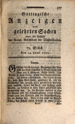 Göttingische Anzeigen von gelehrten Sachen (Göttingische Zeitungen von gelehrten Sachen) Donnerstag 14. Juni 1781