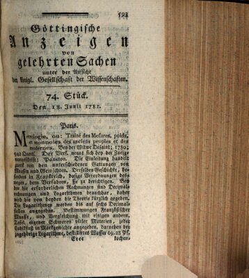 Göttingische Anzeigen von gelehrten Sachen (Göttingische Zeitungen von gelehrten Sachen) Montag 18. Juni 1781