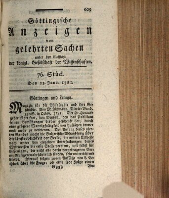 Göttingische Anzeigen von gelehrten Sachen (Göttingische Zeitungen von gelehrten Sachen) Samstag 23. Juni 1781