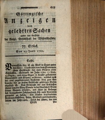 Göttingische Anzeigen von gelehrten Sachen (Göttingische Zeitungen von gelehrten Sachen) Montag 25. Juni 1781