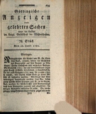 Göttingische Anzeigen von gelehrten Sachen (Göttingische Zeitungen von gelehrten Sachen) Donnerstag 28. Juni 1781