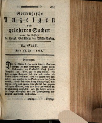 Göttingische Anzeigen von gelehrten Sachen (Göttingische Zeitungen von gelehrten Sachen) Donnerstag 12. Juli 1781