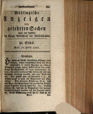 Göttingische Anzeigen von gelehrten Sachen (Göttingische Zeitungen von gelehrten Sachen) Montag 16. Juli 1781