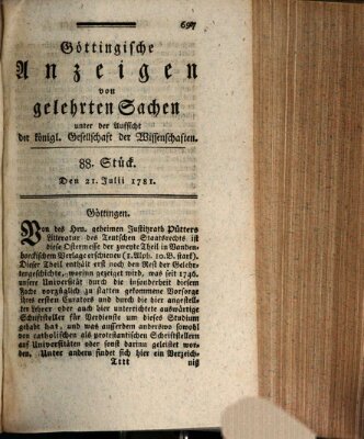 Göttingische Anzeigen von gelehrten Sachen (Göttingische Zeitungen von gelehrten Sachen) Samstag 21. Juli 1781