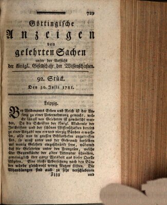 Göttingische Anzeigen von gelehrten Sachen (Göttingische Zeitungen von gelehrten Sachen) Montag 30. Juli 1781