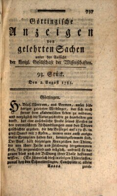 Göttingische Anzeigen von gelehrten Sachen (Göttingische Zeitungen von gelehrten Sachen) Donnerstag 2. August 1781