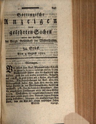 Göttingische Anzeigen von gelehrten Sachen (Göttingische Zeitungen von gelehrten Sachen) Samstag 4. August 1781