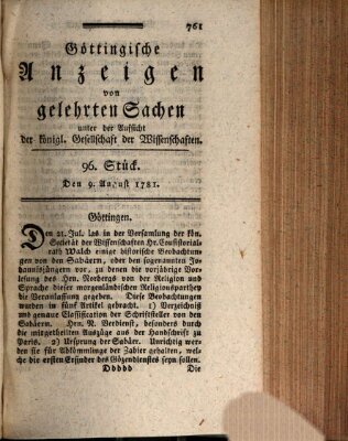 Göttingische Anzeigen von gelehrten Sachen (Göttingische Zeitungen von gelehrten Sachen) Donnerstag 9. August 1781