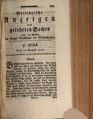 Göttingische Anzeigen von gelehrten Sachen (Göttingische Zeitungen von gelehrten Sachen) Samstag 11. August 1781