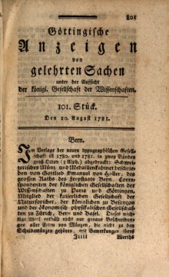 Göttingische Anzeigen von gelehrten Sachen (Göttingische Zeitungen von gelehrten Sachen) Montag 20. August 1781