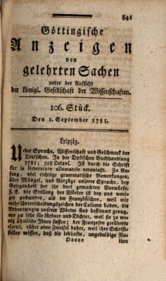 Göttingische Anzeigen von gelehrten Sachen (Göttingische Zeitungen von gelehrten Sachen) Samstag 1. September 1781