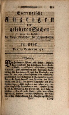 Göttingische Anzeigen von gelehrten Sachen (Göttingische Zeitungen von gelehrten Sachen) Donnerstag 13. September 1781