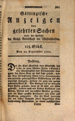 Göttingische Anzeigen von gelehrten Sachen (Göttingische Zeitungen von gelehrten Sachen) Donnerstag 20. September 1781