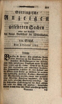 Göttingische Anzeigen von gelehrten Sachen (Göttingische Zeitungen von gelehrten Sachen) Samstag 6. Oktober 1781