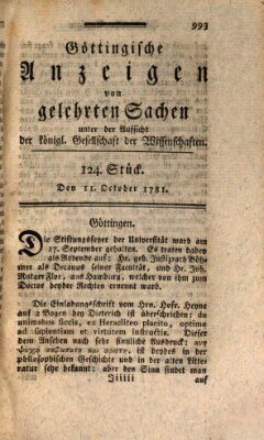 Göttingische Anzeigen von gelehrten Sachen (Göttingische Zeitungen von gelehrten Sachen) Donnerstag 11. Oktober 1781