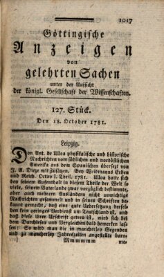 Göttingische Anzeigen von gelehrten Sachen (Göttingische Zeitungen von gelehrten Sachen) Donnerstag 18. Oktober 1781