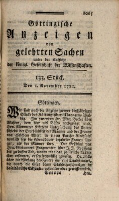 Göttingische Anzeigen von gelehrten Sachen (Göttingische Zeitungen von gelehrten Sachen) Donnerstag 1. November 1781