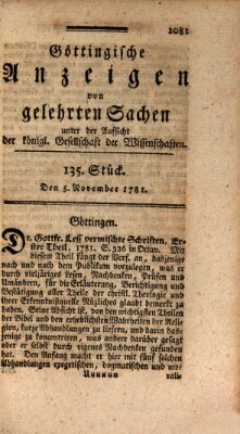 Göttingische Anzeigen von gelehrten Sachen (Göttingische Zeitungen von gelehrten Sachen) Montag 5. November 1781