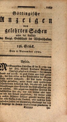 Göttingische Anzeigen von gelehrten Sachen (Göttingische Zeitungen von gelehrten Sachen) Donnerstag 8. November 1781