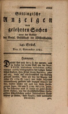 Göttingische Anzeigen von gelehrten Sachen (Göttingische Zeitungen von gelehrten Sachen) Samstag 17. November 1781