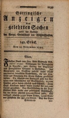 Göttingische Anzeigen von gelehrten Sachen (Göttingische Zeitungen von gelehrten Sachen) Donnerstag 22. November 1781