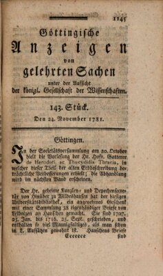 Göttingische Anzeigen von gelehrten Sachen (Göttingische Zeitungen von gelehrten Sachen) Samstag 24. November 1781