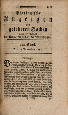 Göttingische Anzeigen von gelehrten Sachen (Göttingische Zeitungen von gelehrten Sachen) Montag 26. November 1781