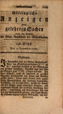 Göttingische Anzeigen von gelehrten Sachen (Göttingische Zeitungen von gelehrten Sachen) Samstag 1. Dezember 1781