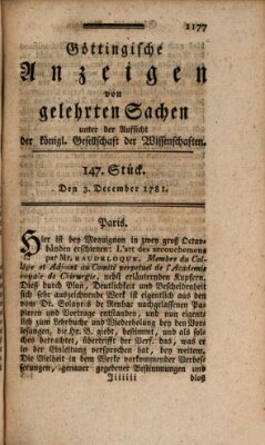 Göttingische Anzeigen von gelehrten Sachen (Göttingische Zeitungen von gelehrten Sachen) Montag 3. Dezember 1781