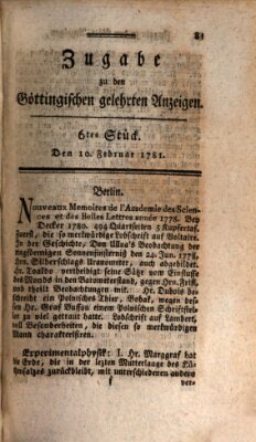 Göttingische Anzeigen von gelehrten Sachen. Zugabe (Göttingische Zeitungen von gelehrten Sachen) Samstag 10. Februar 1781