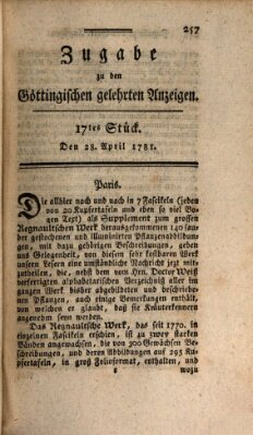 Göttingische Anzeigen von gelehrten Sachen. Zugabe (Göttingische Zeitungen von gelehrten Sachen) Saturday 28. April 1781