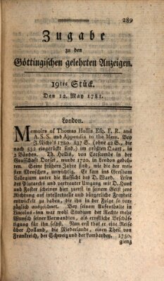 Göttingische Anzeigen von gelehrten Sachen. Zugabe (Göttingische Zeitungen von gelehrten Sachen) Samstag 12. Mai 1781