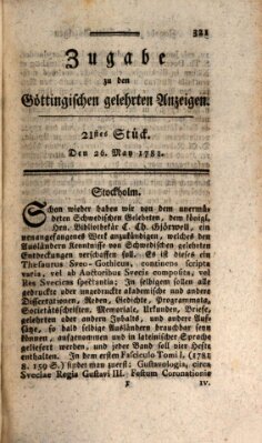 Göttingische Anzeigen von gelehrten Sachen. Zugabe (Göttingische Zeitungen von gelehrten Sachen) Samstag 26. Mai 1781