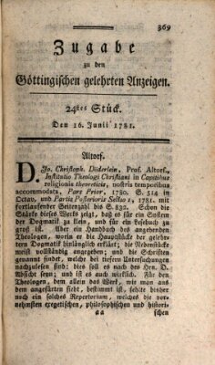 Göttingische Anzeigen von gelehrten Sachen. Zugabe (Göttingische Zeitungen von gelehrten Sachen) Samstag 16. Juni 1781