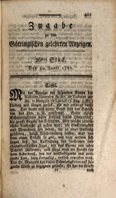 Göttingische Anzeigen von gelehrten Sachen. Zugabe (Göttingische Zeitungen von gelehrten Sachen) Samstag 30. Juni 1781