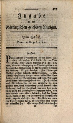 Göttingische Anzeigen von gelehrten Sachen. Zugabe (Göttingische Zeitungen von gelehrten Sachen) Samstag 11. August 1781