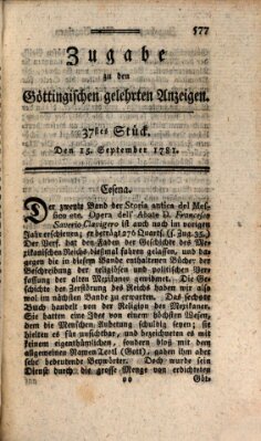 Göttingische Anzeigen von gelehrten Sachen. Zugabe (Göttingische Zeitungen von gelehrten Sachen) Samstag 15. September 1781