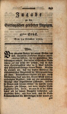 Göttingische Anzeigen von gelehrten Sachen. Zugabe (Göttingische Zeitungen von gelehrten Sachen) Samstag 13. Oktober 1781