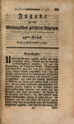 Göttingische Anzeigen von gelehrten Sachen. Zugabe (Göttingische Zeitungen von gelehrten Sachen) Samstag 3. November 1781