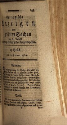 Göttingische Anzeigen von gelehrten Sachen (Göttingische Zeitungen von gelehrten Sachen) Donnerstag 14. Februar 1782